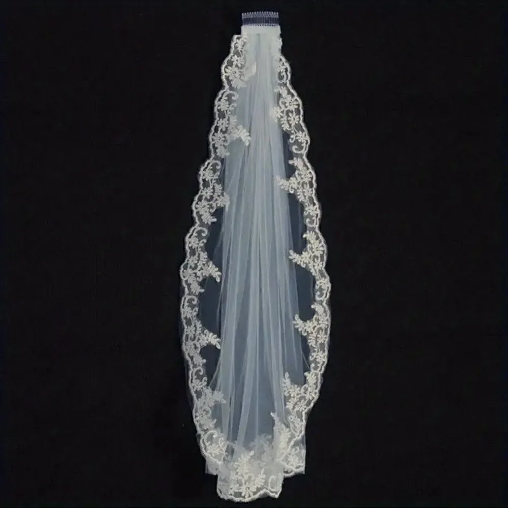 Embroidered Lace and Gems Edge Fingertip Bridal Wedding Veil White With Comb
